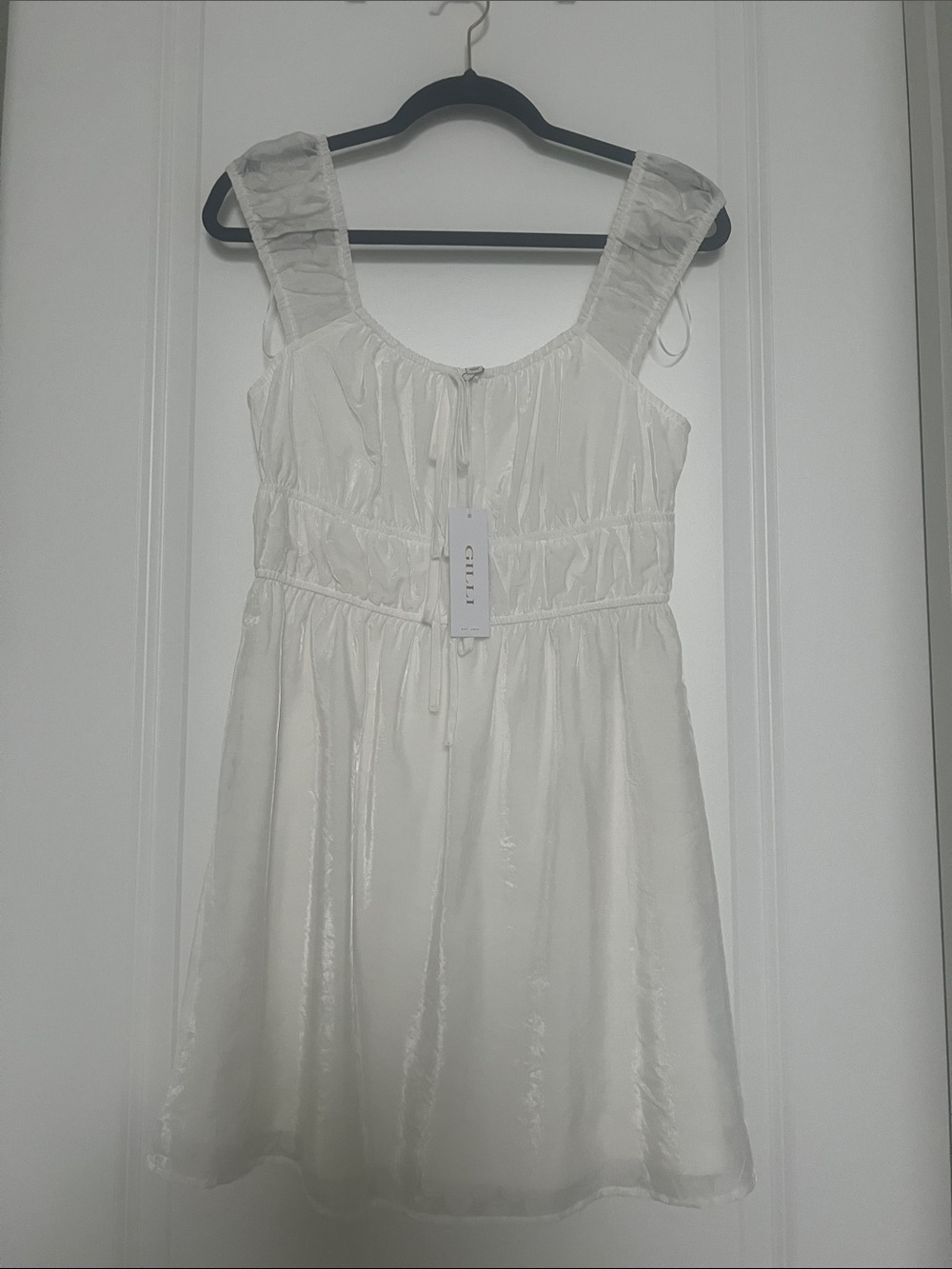 Gilli Cream Satin Mini Dress with Ruffled Straps